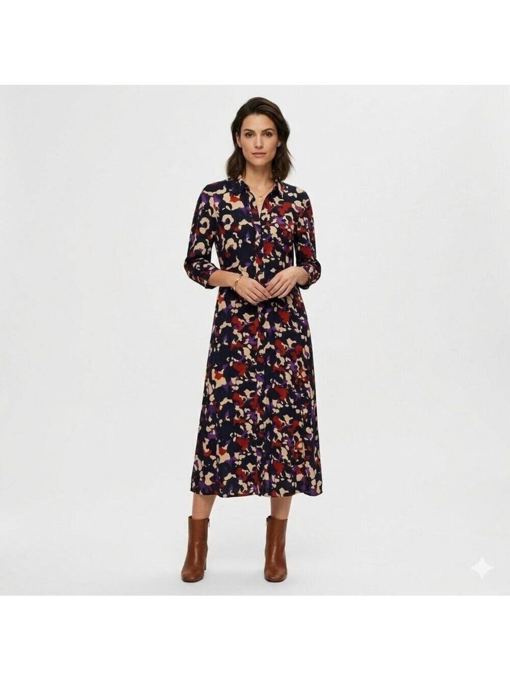 *Selected Femme Black Long-Sleeve Floral Midi Dress Abstract Print Sz 34